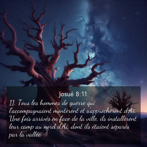 Segond21 Josué  ; image nature: image avec le verset biblique :Tous les hommes de guerre qui l&#039;accompagnaient montèrent et s&#039;approchèrent d&#039;Aï. Une fois arrivés en face de la ville, ils installèrent leur camp au nord d&#039;Aï, dont ils étaient séparés par la vallée. ;  ; 8:11