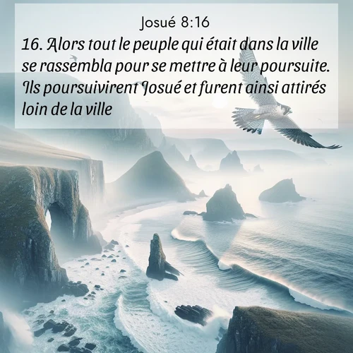 Segond21 Josué  ; image nature: image avec le verset biblique :Alors tout le peuple qui était dans la ville se rassembla pour se mettre à leur poursuite. Ils poursuivirent Josué et furent ainsi attirés loin de la ville. ;  ; 8:16