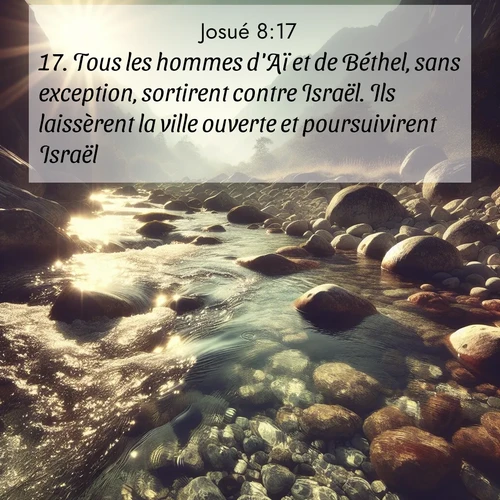 Segond21 Josué  ; image nature: image avec le verset biblique :Tous les hommes d&#039;Aï et de Béthel, sans exception, sortirent contre Israël. Ils laissèrent la ville ouverte et poursuivirent Israël. ;  ; 8:17