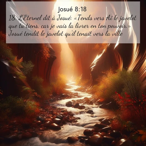 Segond21 Josué  ; image nature: image avec le verset biblique :L&#039;Eternel dit à Josué: «Tends vers Aï le javelot que tu tiens, car je vais la livrer en ton pouvoir.» Josué tendit le javelot qu&#039;il tenait vers la ville. ;  ; 8:18