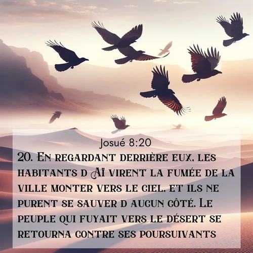 Segond21 Josué  ; image nature: image avec le verset biblique :En regardant derrière eux, les habitants d&#039;Aï virent la fumée de la ville monter vers le ciel, et ils ne purent se sauver d&#039;aucun côté. Le peuple qui fuyait vers le désert se retourna contre ses poursuivants. ;  ; 8:20
