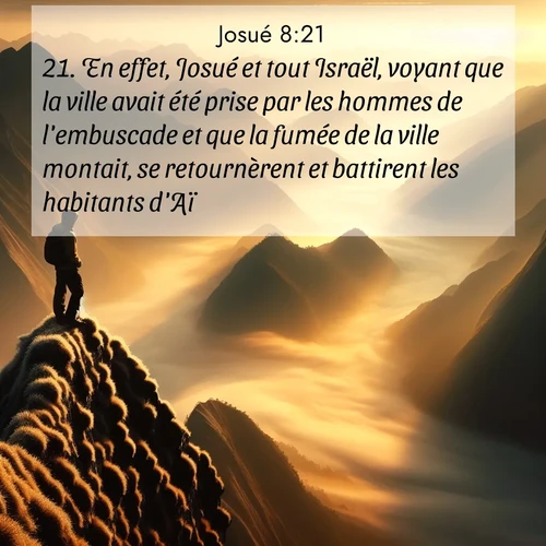 Segond21 Josué  ; image nature: image avec le verset biblique :En effet, Josué et tout Israël, voyant que la ville avait été prise par les hommes de l&#039;embuscade et que la fumée de la ville montait, se retournèrent et battirent les habitants d&#039;Aï. ;  ; 8:21