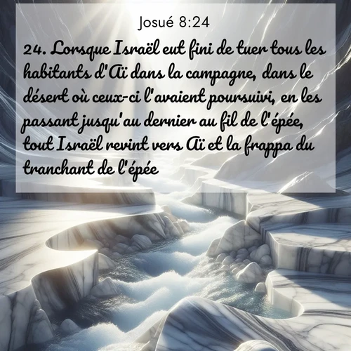 Segond21 Josué  ; image nature: image avec le verset biblique :Lorsque Israël eut fini de tuer tous les habitants d&#039;Aï dans la campagne, dans le désert où ceux-ci l&#039;avaient poursuivi, en les passant jusqu&#039;au dernier au fil de l&#039;épée, tout Israël revint vers Aï et la frappa du tranchant de l&#039;épée. ;  ; 8:24