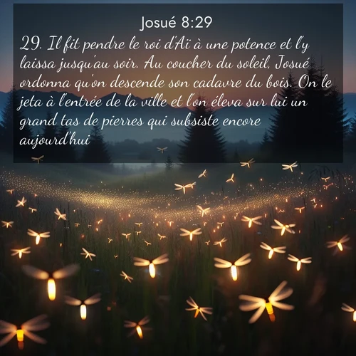 Segond21 Josué  ; image nature: image avec le verset biblique :Il fit pendre le roi d&#039;Aï à une potence et l&#039;y laissa jusqu&#039;au soir. Au coucher du soleil, Josué ordonna qu&#039;on descende son cadavre du bois. On le jeta à l&#039;entrée de la ville et l&#039;on éleva sur lui un grand tas de pierres qui subsiste encore aujourd&#039;hui. ;  ; 8:29