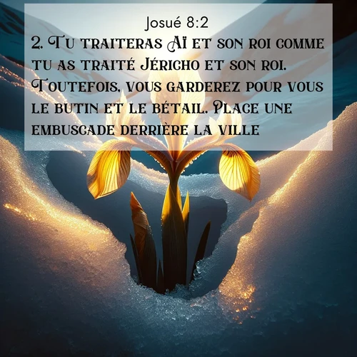 Segond21 Josué  ; image nature: image avec le verset biblique :Tu traiteras Aï et son roi comme tu as traité Jéricho et son roi. Toutefois, vous garderez pour vous le butin et le bétail. Place une embuscade derrière la ville.» ;  ; 8:2