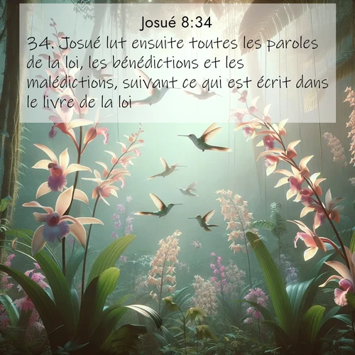 Segond21 Josué  ; image nature: image avec le verset biblique :Josué lut ensuite toutes les paroles de la loi, les bénédictions et les malédictions, suivant ce qui est écrit dans le livre de la loi. ;  ; 8:34