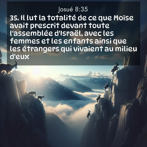 Segond21 Josué  ; image nature: image avec le verset biblique :Il lut la totalité de ce que Moïse avait prescrit devant toute l&#039;assemblée d&#039;Israël, avec les femmes et les enfants ainsi que les étrangers qui vivaient au milieu d&#039;eux. ;  ; 8:35