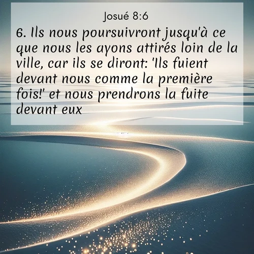 Segond21 Josué  ; image nature: image avec le verset biblique :Ils nous poursuivront jusqu&#039;à ce que nous les ayons attirés loin de la ville, car ils se diront: &#039;Ils fuient devant nous comme la première fois!&#039; et nous prendrons la fuite devant eux. ;  ; 8:6