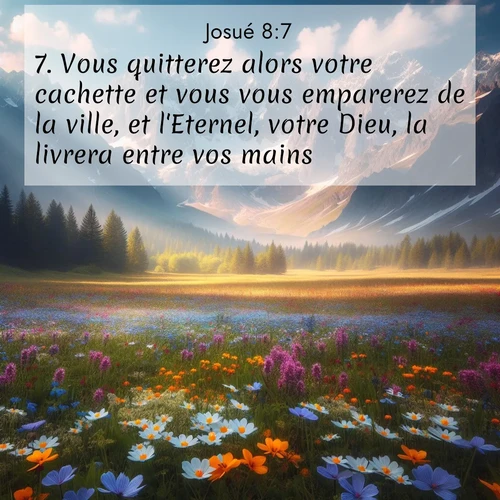 Segond21 Josué  ; image nature: image avec le verset biblique :Vous quitterez alors votre cachette et vous vous emparerez de la ville, et l&#039;Eternel, votre Dieu, la livrera entre vos mains. ;  ; 8:7