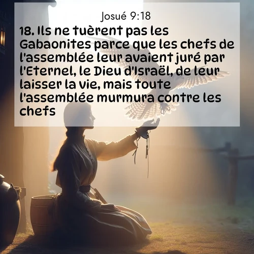 Segond21 Josué  ; image nature: image avec le verset biblique :Ils ne tuèrent pas les Gabaonites parce que les chefs de l&#039;assemblée leur avaient juré par l&#039;Eternel, le Dieu d&#039;Israël, de leur laisser la vie, mais toute l&#039;assemblée murmura contre les chefs. ;  ; 9:18