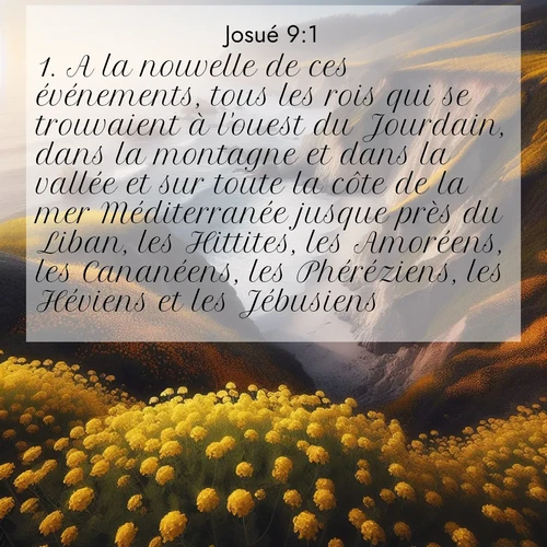 Segond21 Josué  ; image nature: image avec le verset biblique :A la nouvelle de ces événements, tous les rois qui se trouvaient à l&#039;ouest du Jourdain, dans la montagne et dans la vallée et sur toute la côte de la mer Méditerranée jusque près du Liban, les Hittites, les Amoréens, les Cananéens, les Phéréziens, les Héviens et les Jébusiens ;  ; 9:1