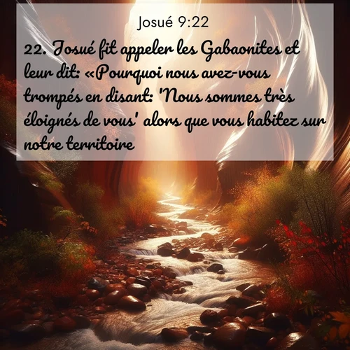 Segond21 Josué  ; image nature: image avec le verset biblique :Josué fit appeler les Gabaonites et leur dit: «Pourquoi nous avez-vous trompés en disant: &#039;Nous sommes très éloignés de vous&#039; alors que vous habitez sur notre territoire? ;  ; 9:22