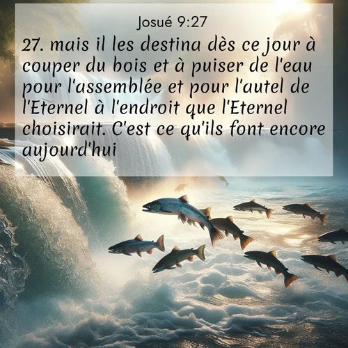 Segond21 Josué  ; image nature: image avec le verset biblique :mais il les destina dès ce jour à couper du bois et à puiser de l&#039;eau pour l&#039;assemblée et pour l&#039;autel de l&#039;Eternel à l&#039;endroit que l&#039;Eternel choisirait. C&#039;est ce qu&#039;ils font encore aujourd&#039;hui. ;  ; 9:27
