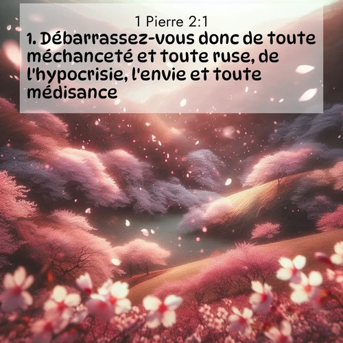 Segond21 1 Pierre  ; image nature: image avec le verset biblique :Débarrassez-vous donc de toute méchanceté et toute ruse, de l&#039;hypocrisie, l&#039;envie et toute médisance, ;  ; 2:1
