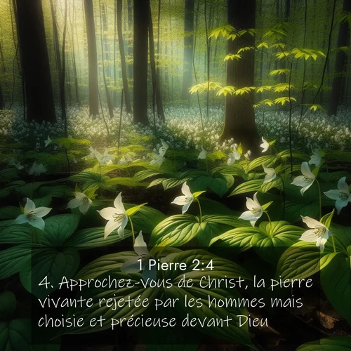 Segond21 1 Pierre  ; image nature: image avec le verset biblique :Approchez-vous de Christ, la pierre vivante rejetée par les hommes mais choisie et précieuse devant Dieu, ;  ; 2:4