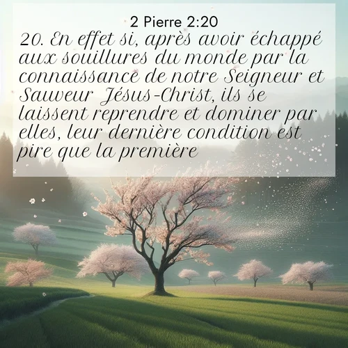 Segond21 2 Pierre  ; image nature: image avec le verset biblique :En effet si, après avoir échappé aux souillures du monde par la connaissance de notre Seigneur et Sauveur Jésus-Christ, ils se laissent reprendre et dominer par elles, leur dernière condition est pire que la première. ;  ; 2:20