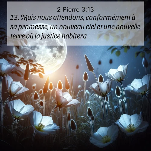Segond21 2 Pierre  ; image nature: image avec le verset biblique :Mais nous attendons, conformément à sa promesse, un nouveau ciel et une nouvelle terre où la justice habitera. ;  ; 3:13