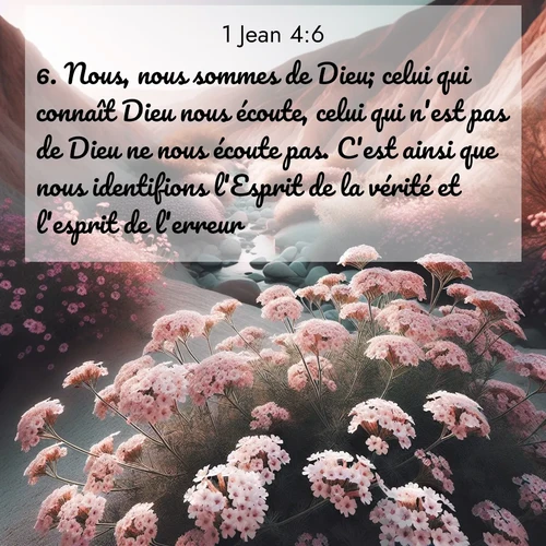 Segond21 1 Jean  ; image nature: image avec le verset biblique :Nous, nous sommes de Dieu; celui qui connaît Dieu nous écoute, celui qui n&#039;est pas de Dieu ne nous écoute pas. C&#039;est ainsi que nous identifions l&#039;Esprit de la vérité et l&#039;esprit de l&#039;erreur. ;  ; 4:6