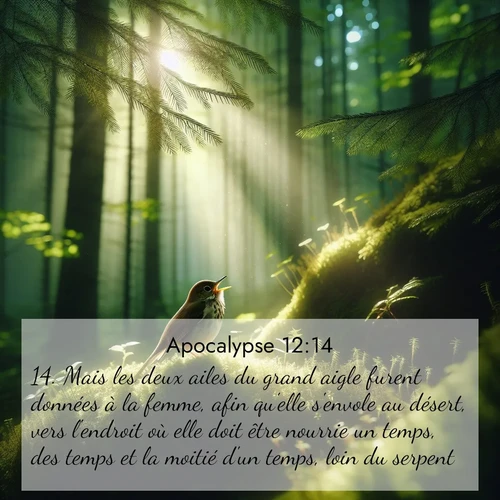 Segond21 Apocalypse  ; image nature: image avec le verset biblique :Mais les deux ailes du grand aigle furent données à la femme, afin qu&#039;elle s&#039;envole au désert, vers l&#039;endroit où elle doit être nourrie un temps, des temps et la moitié d&#039;un temps, loin du serpent. ;  ; 12:14