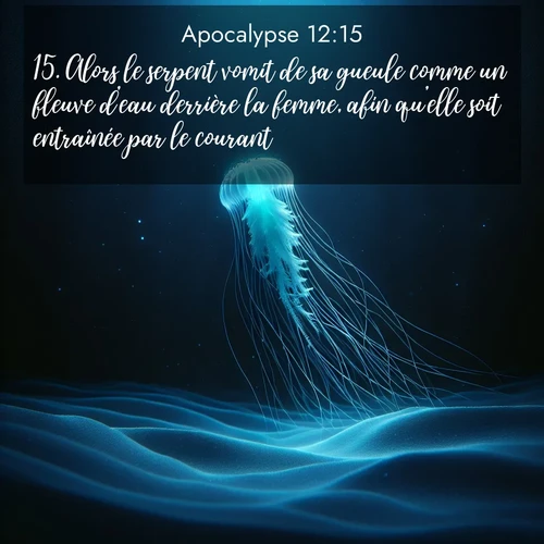 Segond21 Apocalypse  ; image nature: image avec le verset biblique :Alors le serpent vomit de sa gueule comme un fleuve d&#039;eau derrière la femme, afin qu&#039;elle soit entraînée par le courant. ;  ; 12:15