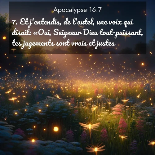 Segond21 Apocalypse  ; image nature: image avec le verset biblique :Et j&#039;entendis, de l&#039;autel, une voix qui disait: «Oui, Seigneur Dieu tout-puissant, tes jugements sont vrais et justes.» ;  ; 16:7