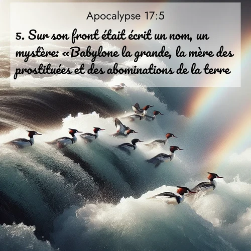 Segond21 Apocalypse  ; image nature: image avec le verset biblique :Sur son front était écrit un nom, un mystère: «Babylone la grande, la mère des prostituées et des abominations de la terre.» ;  ; 17:5