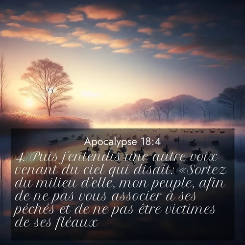Segond21 Apocalypse  ; image nature: image avec le verset biblique :Puis j&#039;entendis une autre voix venant du ciel qui disait: «Sortez du milieu d&#039;elle, mon peuple, afin de ne pas vous associer à ses péchés et de ne pas être victimes de ses fléaux. ;  ; 18:4