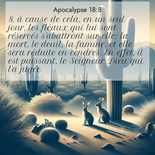 Segond21 Apocalypse  ; image nature: image avec le verset biblique :à cause de cela, en un seul jour, les fléaux qui lui sont réservés s&#039;abattront sur elle: la mort, le deuil, la famine, et elle sera réduite en cendres. En effet, il est puissant, le Seigneur Dieu qui l&#039;a jugée.» ;  ; 18:8
