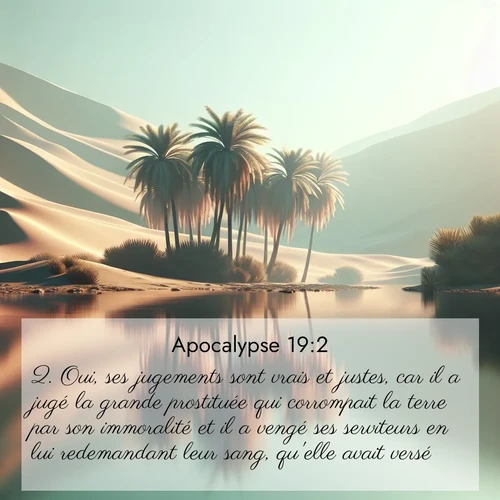 Segond21 Apocalypse  ; image nature: image avec le verset biblique :Oui, ses jugements sont vrais et justes, car il a jugé la grande prostituée qui corrompait la terre par son immoralité et il a vengé ses serviteurs en lui redemandant leur sang, qu&#039;elle avait versé.» ;  ; 19:2