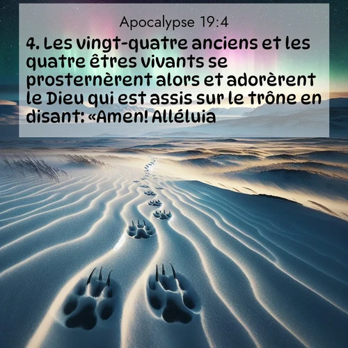 Segond21 Apocalypse  ; image nature: image avec le verset biblique :Les vingt-quatre anciens et les quatre êtres vivants se prosternèrent alors et adorèrent le Dieu qui est assis sur le trône en disant: «Amen! Alléluia!» ;  ; 19:4