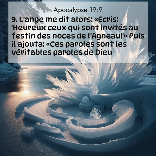 Segond21 Apocalypse  ; image nature: image avec le verset biblique :L&#039;ange me dit alors: «Ecris: &#039;Heureux ceux qui sont invités au festin des noces de l&#039;Agneau!&#039;» Puis il ajouta: «Ces paroles sont les véritables paroles de Dieu.» ;  ; 19:9