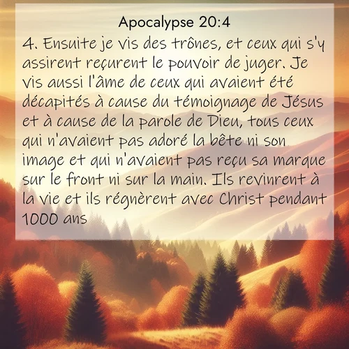 Segond21 Apocalypse  ; image nature: image avec le verset biblique :Ensuite je vis des trônes, et ceux qui s&#039;y assirent reçurent le pouvoir de juger. Je vis aussi l&#039;âme de ceux qui avaient été décapités à cause du témoignage de Jésus et à cause de la parole de Dieu, tous ceux qui n&#039;avaient pas adoré la bête ni son image et qui n&#039;avaient pas reçu sa marque sur le front ni sur la main. Ils revinrent à la vie et ils régnèrent avec Christ pendant 1000 ans. ;  ; 20:4