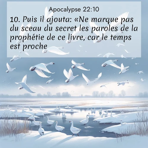 Segond21 Apocalypse  ; image nature: image avec le verset biblique :Puis il ajouta: «Ne marque pas du sceau du secret les paroles de la prophétie de ce livre, car le temps est proche. ;  ; 22:10