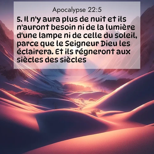 Segond21 Apocalypse  ; image nature: image avec le verset biblique :Il n&#039;y aura plus de nuit et ils n&#039;auront besoin ni de la lumière d&#039;une lampe ni de celle du soleil, parce que le Seigneur Dieu les éclairera. Et ils régneront aux siècles des siècles. ;  ; 22:5