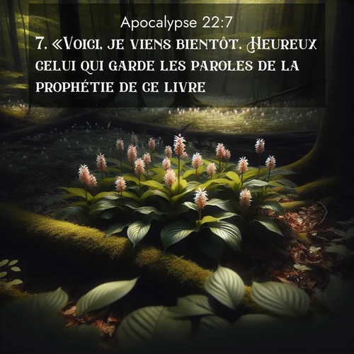 Segond21 Apocalypse  ; image nature: image avec le verset biblique :«Voici, je viens bientôt. Heureux celui qui garde les paroles de la prophétie de ce livre!» ;  ; 22:7