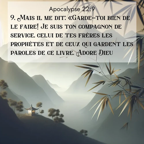 Segond21 Apocalypse  ; image nature: image avec le verset biblique :Mais il me dit: «Garde-toi bien de le faire! Je suis ton compagnon de service, celui de tes frères les prophètes et de ceux qui gardent les paroles de ce livre. Adore Dieu.» ;  ; 22:9
