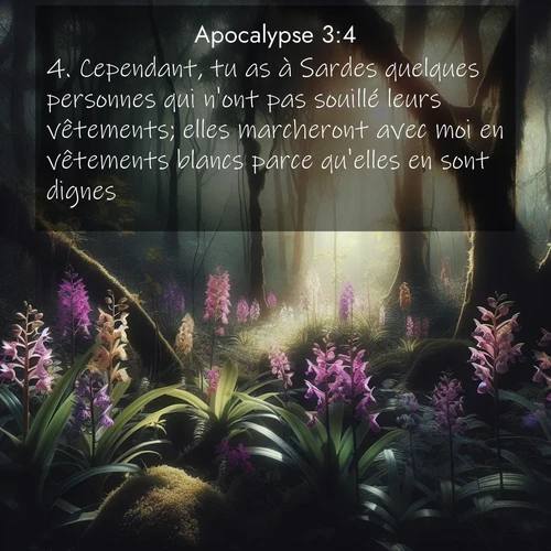 Segond21 Apocalypse  ; image nature: image avec le verset biblique :Cependant, tu as à Sardes quelques personnes qui n&#039;ont pas souillé leurs vêtements; elles marcheront avec moi en vêtements blancs parce qu&#039;elles en sont dignes. ;  ; 3:4