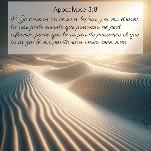 Segond21 Apocalypse  ; image nature: image avec le verset biblique :Je connais tes oeuvres. Voici, j&#039;ai mis devant toi une porte ouverte que personne ne peut refermer, parce que tu as peu de puissance et que tu as gardé ma parole sans renier mon nom. ;  ; 3:8