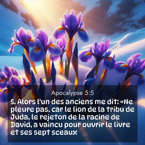 Segond21 Apocalypse  ; image nature: image avec le verset biblique :Alors l&#039;un des anciens me dit: «Ne pleure pas, car le lion de la tribu de Juda, le rejeton de la racine de David, a vaincu pour ouvrir le livre et ses sept sceaux.» ;  ; 5:5
