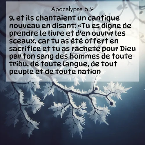 Segond21 Apocalypse  ; image nature: image avec le verset biblique :et ils chantaient un cantique nouveau en disant: «Tu es digne de prendre le livre et d&#039;en ouvrir les sceaux, car tu as été offert en sacrifice et tu as racheté pour Dieu par ton sang des hommes de toute tribu, de toute langue, de tout peuple et de toute nation. ;  ; 5:9