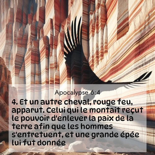 Segond21 Apocalypse  ; image nature: image avec le verset biblique :Et un autre cheval, rouge feu, apparut. Celui qui le montait reçut le pouvoir d&#039;enlever la paix de la terre afin que les hommes s&#039;entretuent, et une grande épée lui fut donnée. ;  ; 6:4