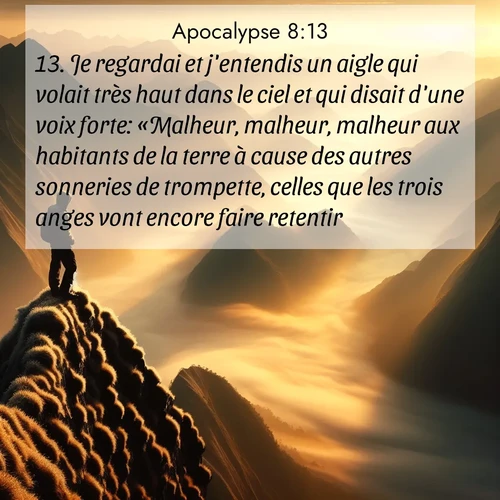 Segond21 Apocalypse  ; image nature: image avec le verset biblique :Je regardai et j&#039;entendis un aigle qui volait très haut dans le ciel et qui disait d&#039;une voix forte: «Malheur, malheur, malheur aux habitants de la terre à cause des autres sonneries de trompette, celles que les trois anges vont encore faire retentir!» ;  ; 8:13