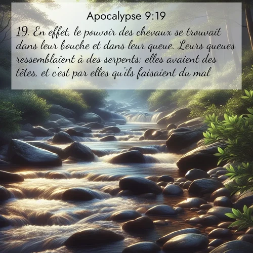 Segond21 Apocalypse  ; image nature: image avec le verset biblique :En effet, le pouvoir des chevaux se trouvait dans leur bouche et dans leur queue. Leurs queues ressemblaient à des serpents; elles avaient des têtes, et c&#039;est par elles qu&#039;ils faisaient du mal. ;  ; 9:19