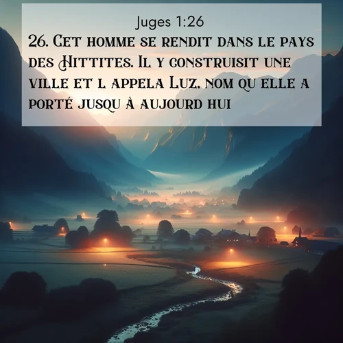 Segond21 Juges  ; image nature: image avec le verset biblique :Cet homme se rendit dans le pays des Hittites. Il y construisit une ville et l&#039;appela Luz, nom qu&#039;elle a porté jusqu&#039;à aujourd&#039;hui. ;  ; 1:26