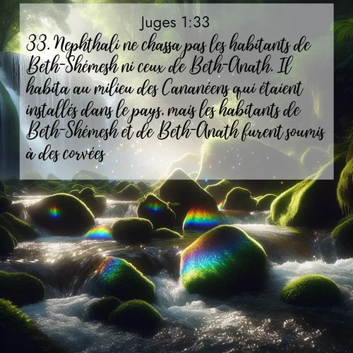 Segond21 Juges  ; image nature: image avec le verset biblique :Nephthali ne chassa pas les habitants de Beth-Shémesh ni ceux de Beth-Anath. Il habita au milieu des Cananéens qui étaient installés dans le pays, mais les habitants de Beth-Shémesh et de Beth-Anath furent soumis à des corvées. ;  ; 1:33