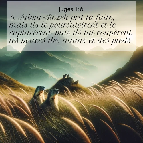 Segond21 Juges  ; image nature: image avec le verset biblique :Adoni-Bézek prit la fuite, mais ils le poursuivirent et le capturèrent, puis ils lui coupèrent les pouces des mains et des pieds. ;  ; 1:6