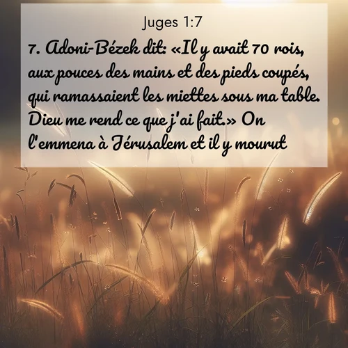 Segond21 Juges  ; image nature: image avec le verset biblique :Adoni-Bézek dit: «Il y avait 70 rois, aux pouces des mains et des pieds coupés, qui ramassaient les miettes sous ma table. Dieu me rend ce que j&#039;ai fait.» On l&#039;emmena à Jérusalem et il y mourut. ;  ; 1:7