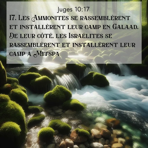 Segond21 Juges  ; image nature: image avec le verset biblique :Les Ammonites se rassemblèrent et installèrent leur camp en Galaad. De leur côté, les Israélites se rassemblèrent et installèrent leur camp à Mitspa. ;  ; 10:17