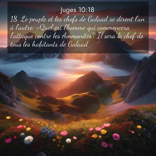 Segond21 Juges  ; image nature: image avec le verset biblique :Le peuple et les chefs de Galaad se dirent l&#039;un à l&#039;autre: «Quel est l&#039;homme qui commencera l&#039;attaque contre les Ammonites? Il sera le chef de tous les habitants de Galaad.» ;  ; 10:18