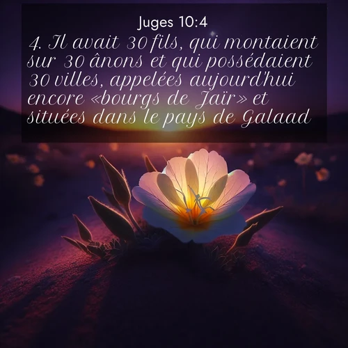 Segond21 Juges  ; image nature: image avec le verset biblique :Il avait 30 fils, qui montaient sur 30 ânons et qui possédaient 30 villes, appelées aujourd&#039;hui encore «bourgs de Jaïr» et situées dans le pays de Galaad. ;  ; 10:4